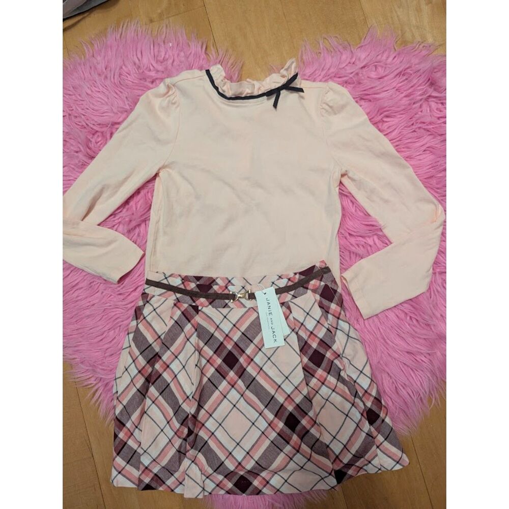NWT/EUC Janie and Jack set Pink Plaid skirt, pink cotton ruffle neck top Girl 8